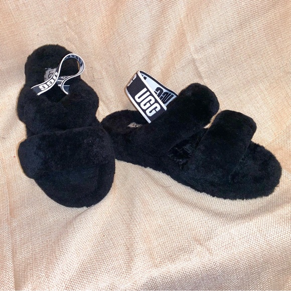 UGG Black Plush Slippers - Picture 1 of 10